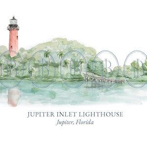 Peut inclure: Peinture à l'aquarelle du phare de Jupiter Inlet en Floride. Le phare rouge se dresse sur un fond de feuillage vert et de palmiers. Une jetée en bois s'étend dans l'eau turquoise, avec le texte "Jupiter Inlet Lighthouse, Jupiter, Florida" en dessous.