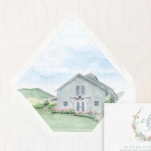 Pode incluir: Ilustração em aquarela de um celeiro azul claro com portas e janelas brancas. O celeiro está situado em um cenário de colinas verdes e céu azul, com flores cor-de-rosa em primeiro plano. A imagem está em um envelope branco.