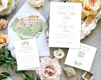 Venue Illustration Invite, Custom Wedding Venue Invitation with Watercolor Envelope Liner, Siena Italy Wedding Invitation by Boone and June