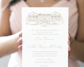 Wedding Invitation with Venue Illustration, Wedding Venue Line Drawing Invitation Suite, Classic Laurel Wreath Monogrammed Envelope Liner
