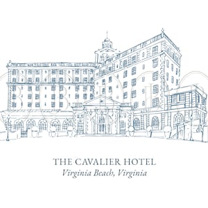 Pode incluir: Um desenho a traço azul do The Cavalier Hotel em Virginia Beach, Virgínia. A ilustração mostra a fachada do hotel com elementos arquitetónicos detalhados, incluindo janelas, colunas e uma entrada central. O nome e a localização do hotel estão impressos abaixo.