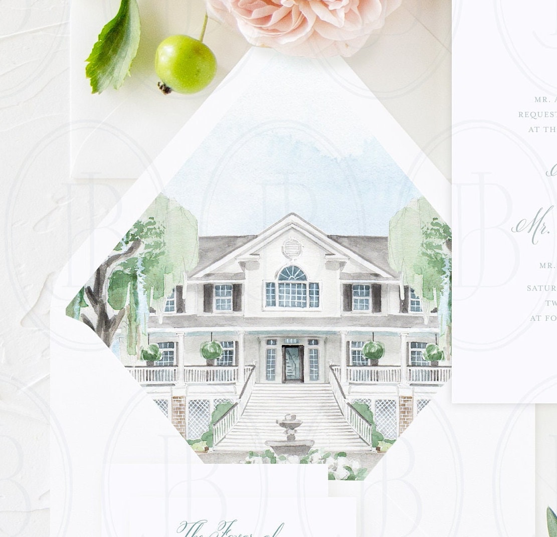 Custom Wedding Venue Envelope Liner Invitation Suite, Custom Venue Illustration Envelope Liner, Venue Sketch Liner, Watercolor Crest