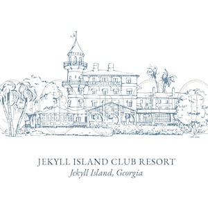 Pode incluir: Um desenho a traço azul e branco do Jekyll Island Club Resort, com uma torre alta, vários andares e palmeiras. O texto "JEKYLL ISLAND CLUB RESORT" e "Jekyll Island, Georgia" estão abaixo do desenho.