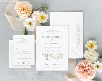 Rehearsal Dinner Invitation Suite with Watercolor Roses and Eucalyptus Leaves, Semi-Custom Wedding Stationery by Boone and June
