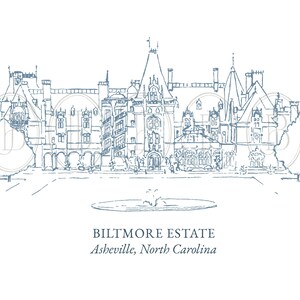 Pode incluir: Um desenho a traço azul do Biltmore Estate em Asheville, Carolina do Norte. A ilustração mostra o grandioso edifício com detalhes arquitetônicos intrincados, árvores e uma fonte. O texto "Biltmore Estate Asheville, North Carolina" está abaixo.
