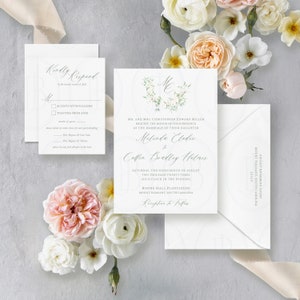 Printed Invitation Suite, Floral Watercolor Crest Invitation Suite with Monogram, Semi-Custom Wedding Stationery by Boone and June