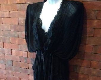 Flora Nikrooz 2 PC Black Pleated  Set Long Gown w Jacket w Sequins, Lace and Pearls New w Tags!