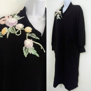 Cinzia Black Robe Floral Appliques cotton blend Pullover New w Tags quilted M/L