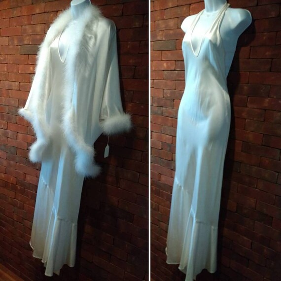Lore' 2 PC White 100% Silk Marabou Trimmed Peignoi