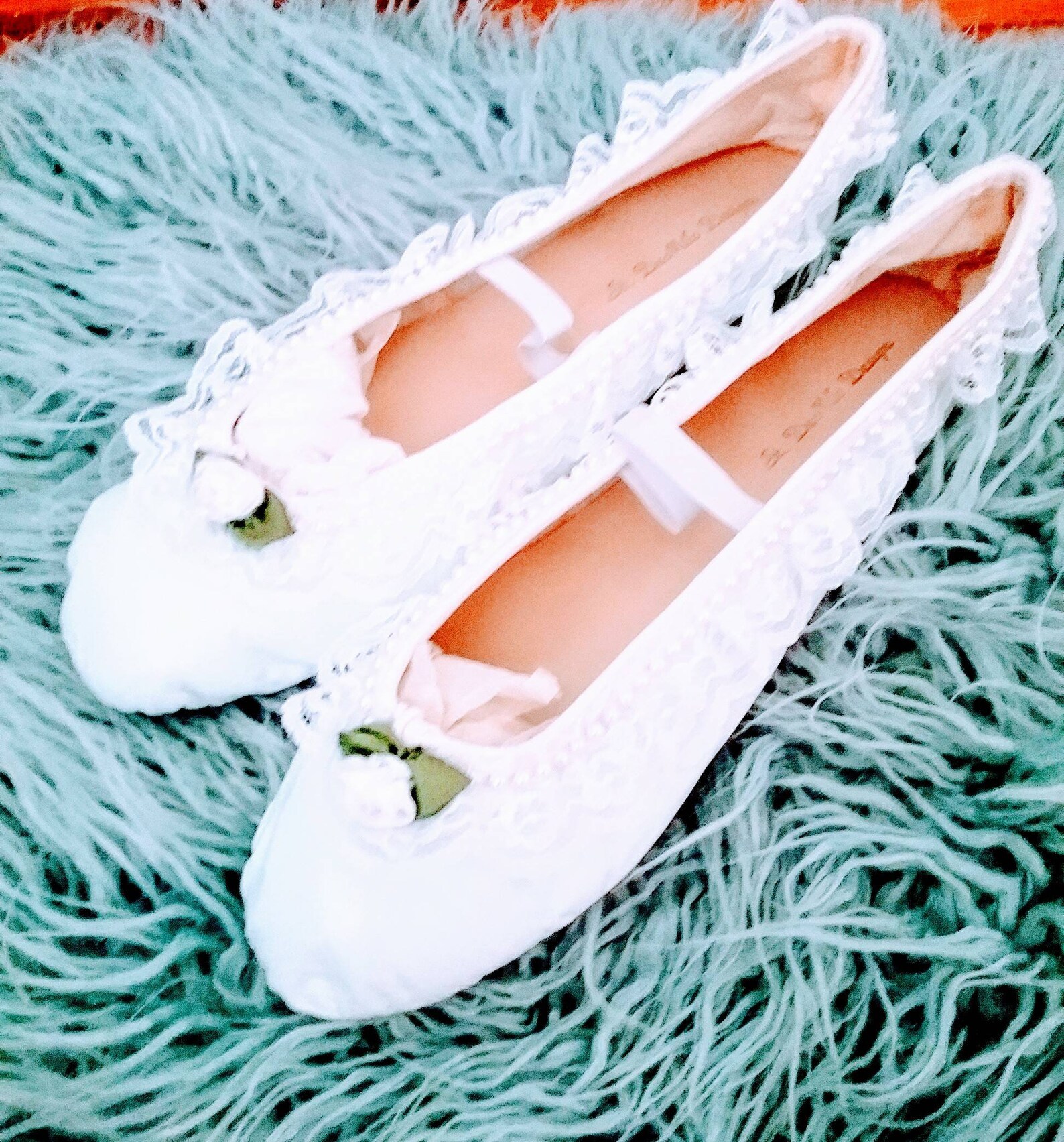 st demilo design white leather ballet slippers pearl, lace floret trim size 9 new unworn st demilo design white leather ballet slippers pearl, lace floret trim size 9 new unworn