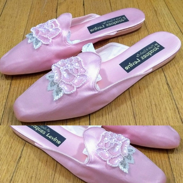 Jacques Levine Pink Satin Slipper w Sequined and Pearl Floral Applique New unworn Size 10