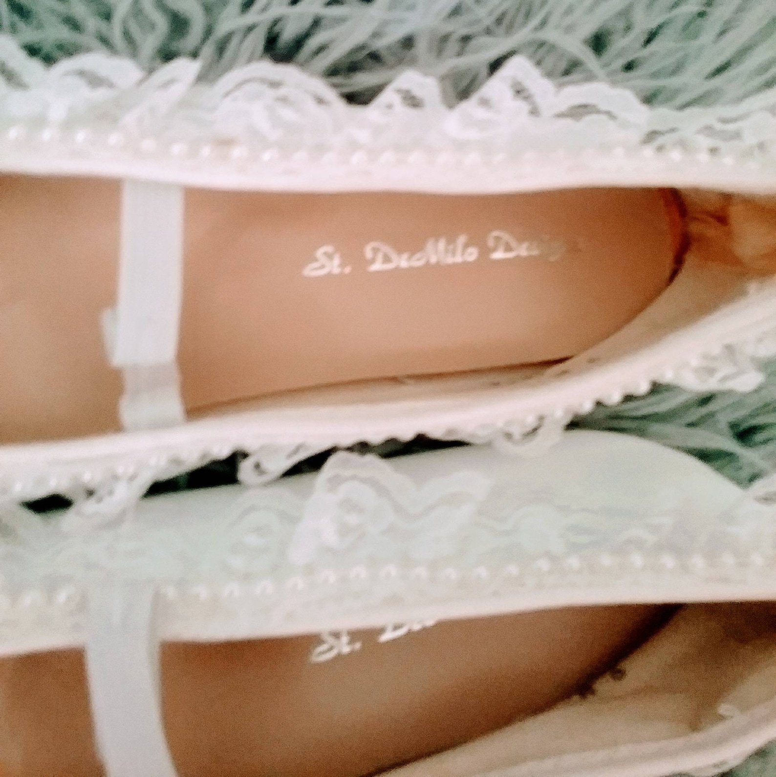 st demilo design white leather ballet slippers pearl, lace floret trim size 9 new unworn st demilo design white leather ballet slippers pearl, lace floret trim size 9 new unworn