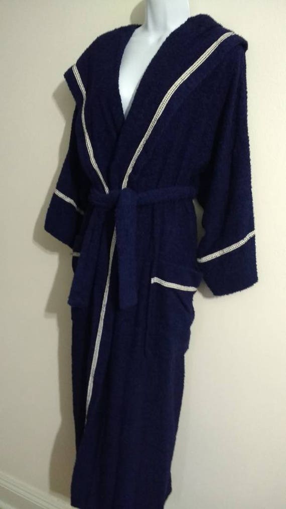 Priamo Navy Terry Robe hooded Wrap Cotton New W Ta