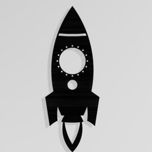 May include: Black silhouette of a rocket ship with a round window and a flame coming out of the bottom.