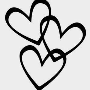 May include: Black outline of three overlapping hearts on a white background. The hearts are stylized with rounded edges, creating a simple yet elegant design. The image is suitable for various applications, such as stickers or wall art.