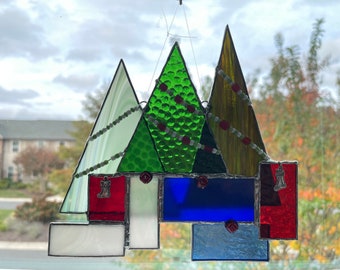 Stained glass Christmas trees and packages