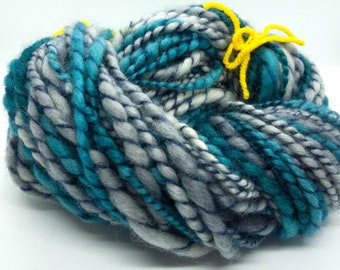 Handspun yarn hand-dyed teal / blue and grey BFL Bluefaced Leicester silk kid mohair 57y/51m 70g