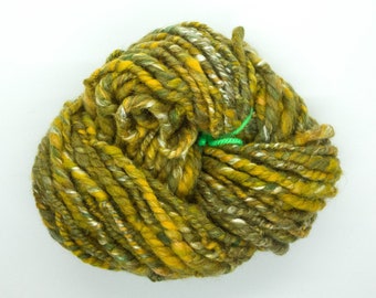 Unique yarn handspun greens gold merino and white silk 26m plied and set