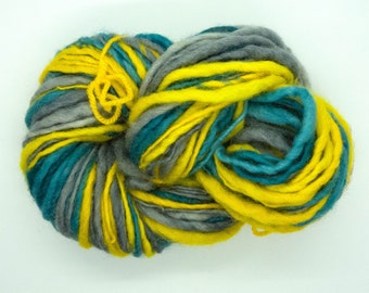 Handspun single yarn hand-dyed teal / blue yellow and grey BFL Bluefaced Leicester 55y/50m 59g