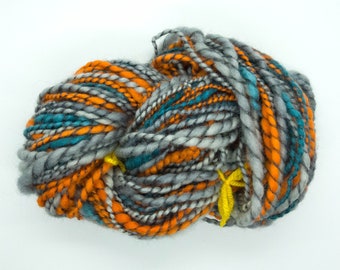 Handspun yarn hand-dyed teal / blue orange and grey BFL Bluefaced Leicester silk kid mohair 59y/53m 70g