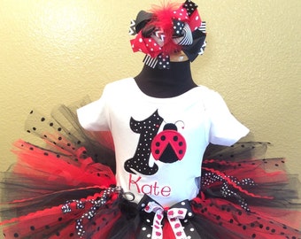 Red and black polka dots Ladybug  tutu set custom made 3 piece: tutu, top & hair bow