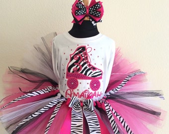 Birthday  Zebra roller-skate tutu set 3 piece: tutu, top & hair bow NO BLING INCLUDED