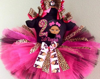 Cute sassy afro puffs black baby girl inspired with ribbon and embellishment pink/black/cheetah Tutu Set 5 piece- Read description,