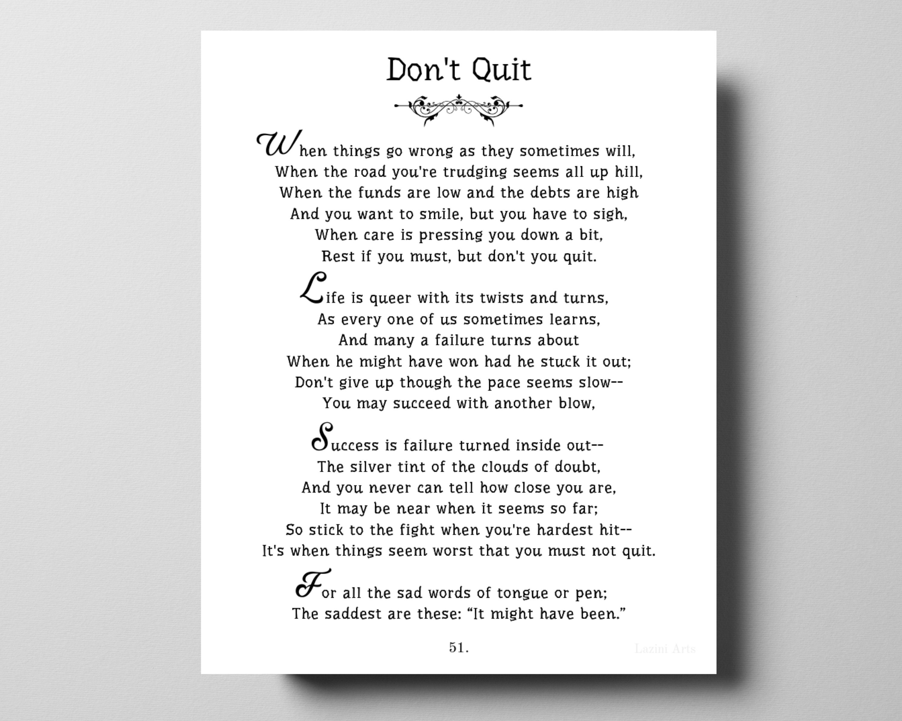 Don't Quit Quote, Book Page Art Printable Including Poem by John