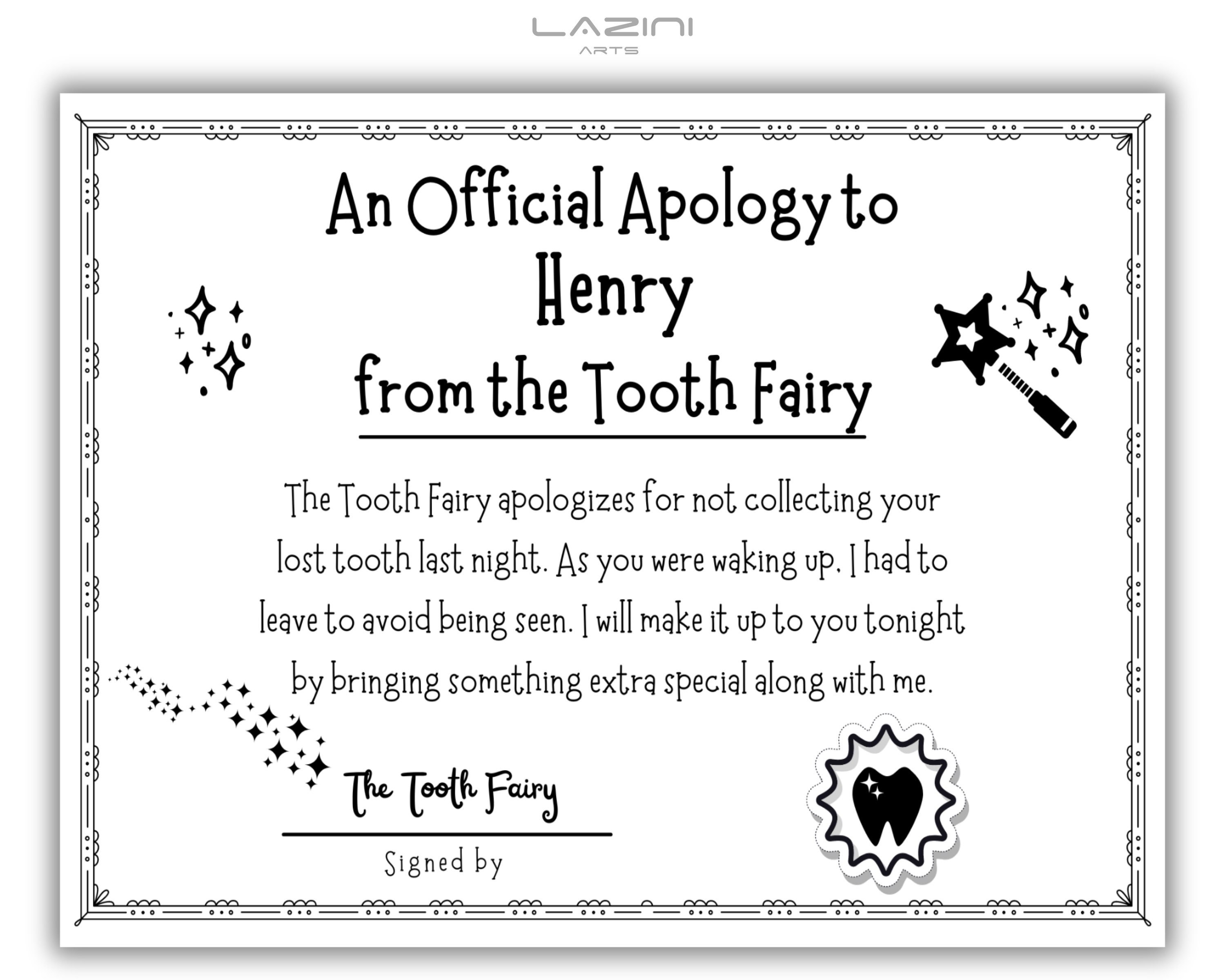 Missed The Toothfairy Tooth Fairy Apology Certificate Apology Letter 
