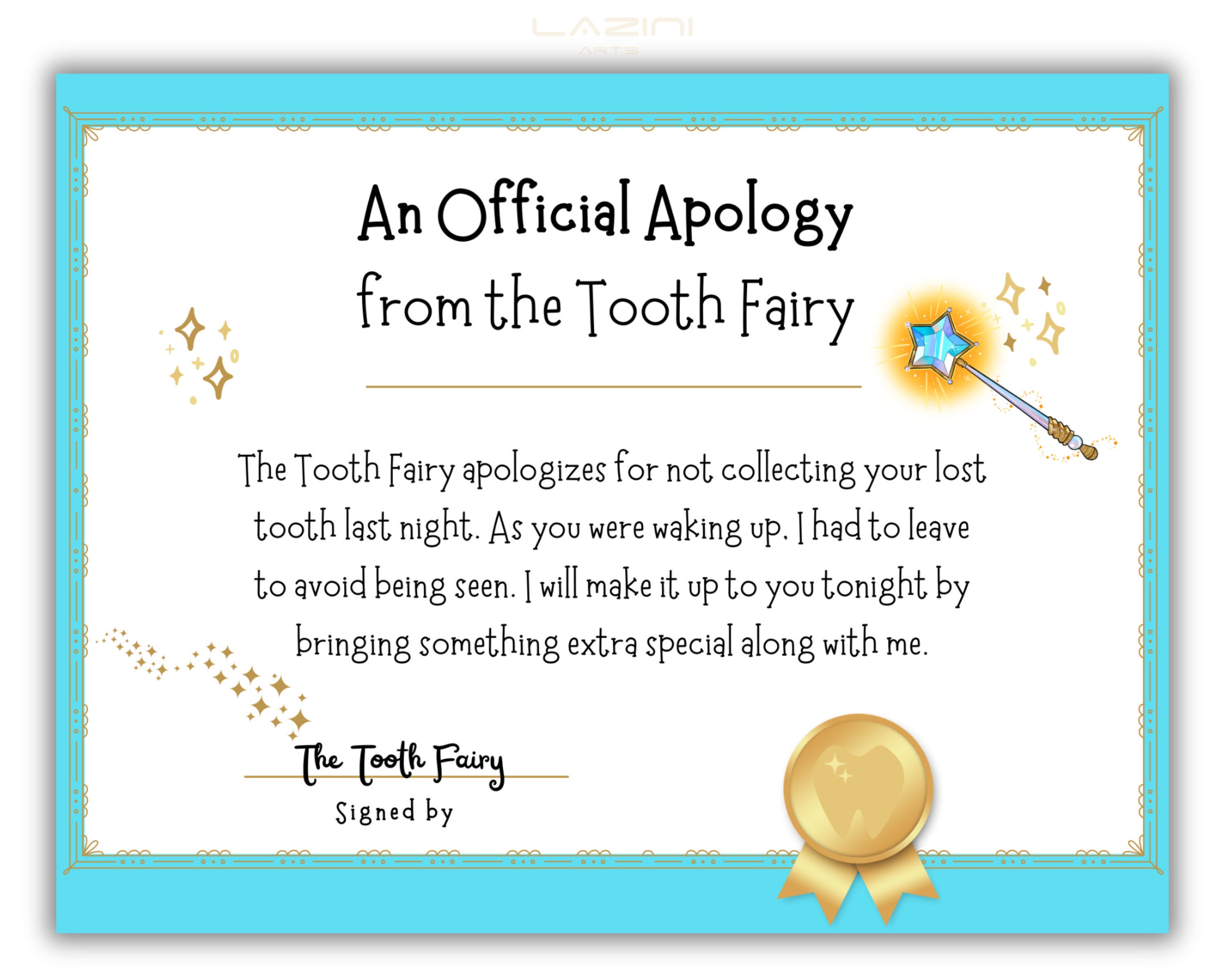 Apology Letter From Fairy, Tooth Fairy Apology Certificate, Late Excuse ...