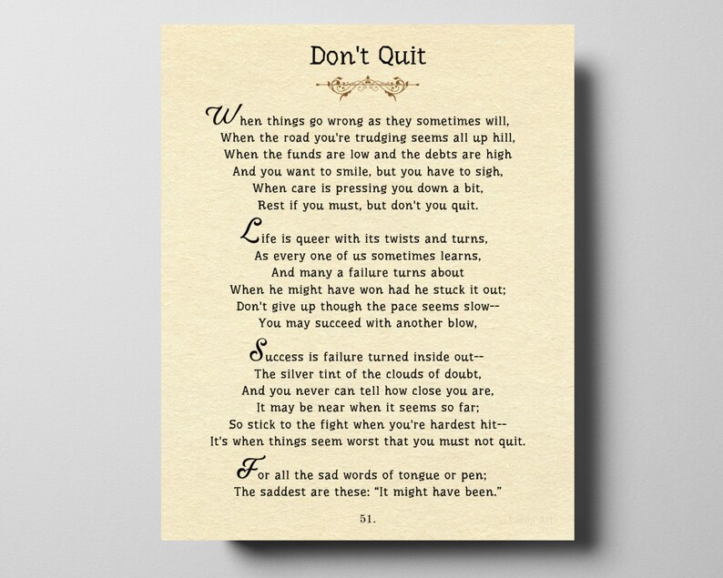 Don't quit quote book page art printable including poem Etsy