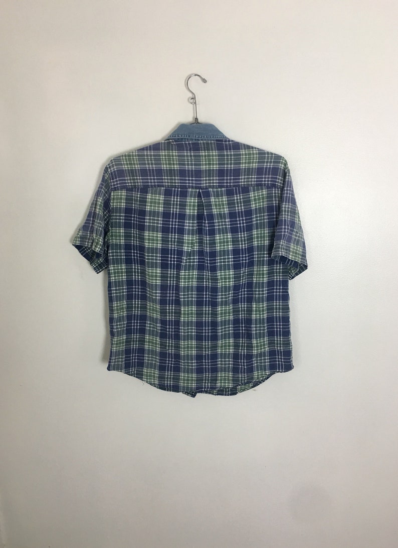 Relay Denim and Plaid oxford shirt mens womens unisex large indigo blue color block large button up top blue green grunge collared shirt