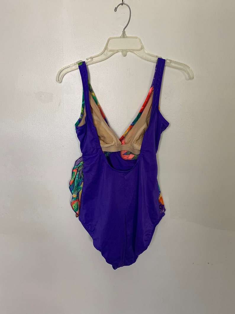 Adorable 90s Floral colorblock one piece swim suit womens 12 medium large criss cross tie single bathing costume purple orange flowers