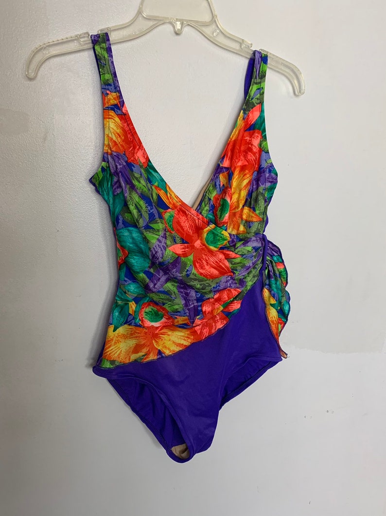Adorable 90s Floral colorblock one piece swim suit womens 12 medium large criss cross tie single bathing costume purple orange flowers