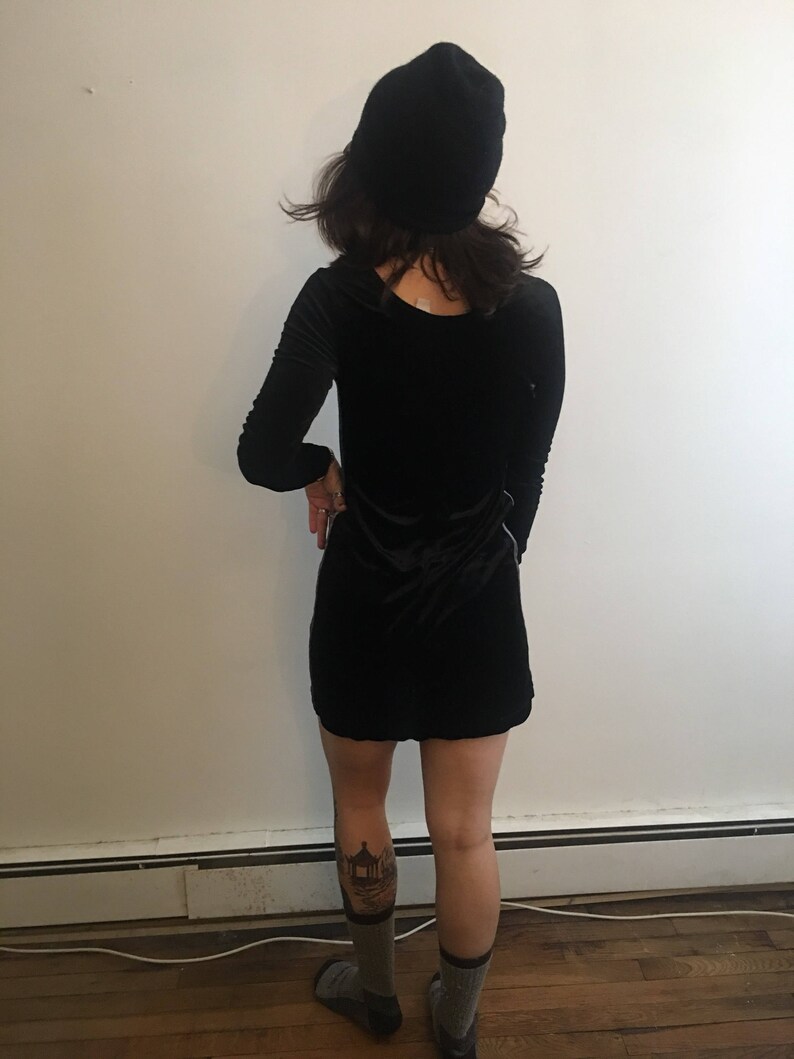 Velvet Track Stripe Mini Dress long sleeve black grey large medium small stretch sporty atheletic dark fuzzy velour velveteen 1990s