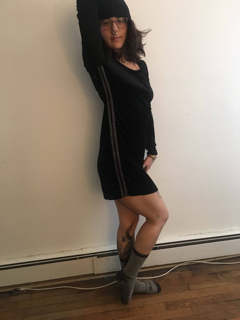 Velvet Track Stripe Mini Dress long sleeve black grey large medium small stretch sporty atheletic dark fuzzy velour velveteen 1990s