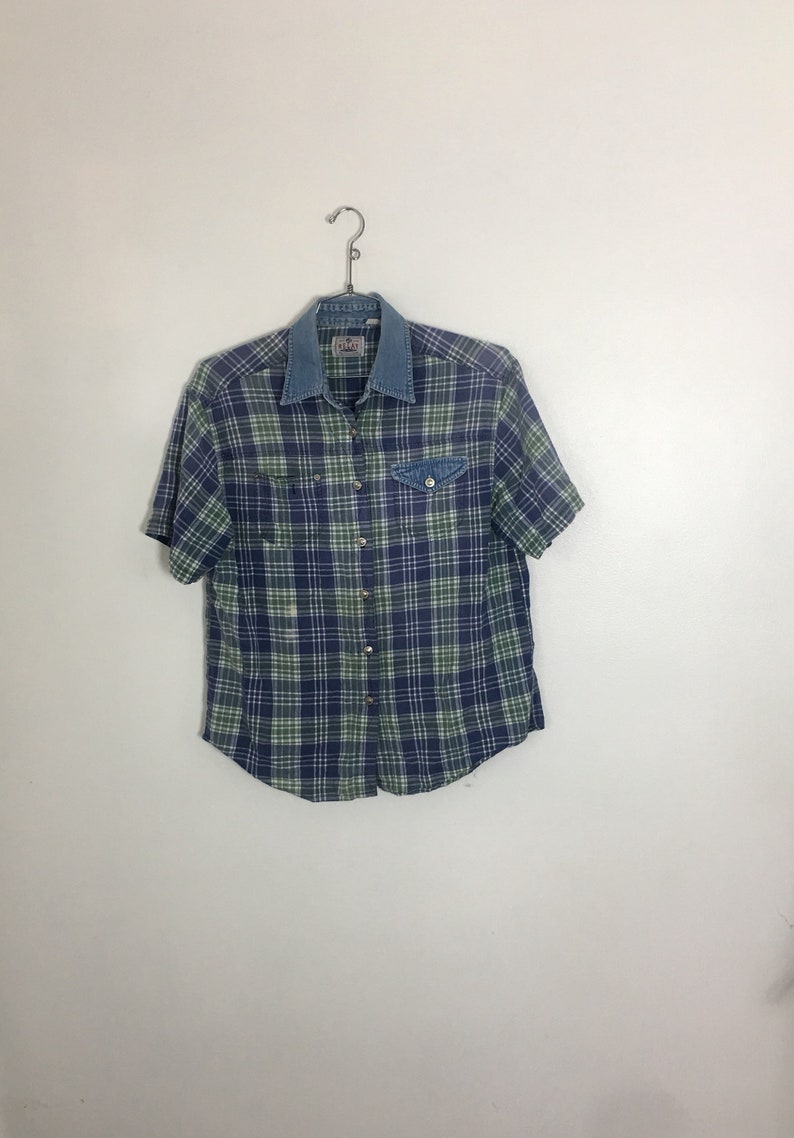 Relay Denim and Plaid oxford shirt mens womens unisex large indigo blue color block large button up top blue green grunge collared shirt