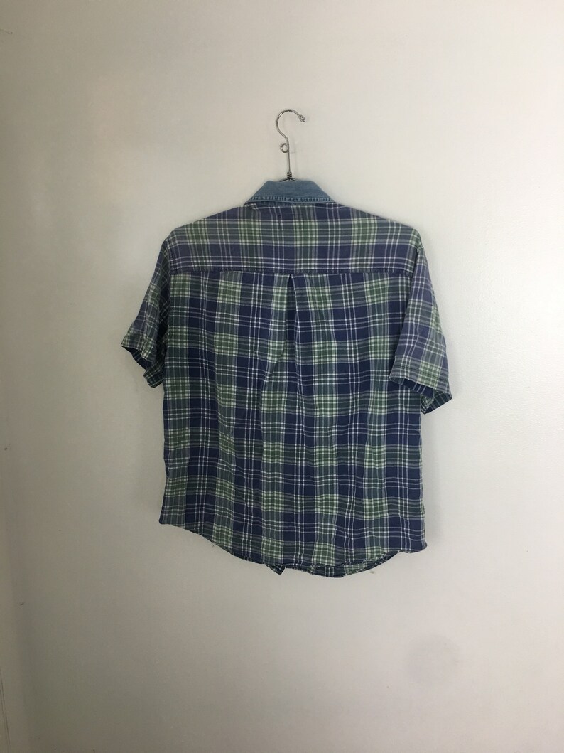 Relay Denim and Plaid oxford shirt mens womens unisex large indigo blue color block large button up top blue green grunge collared shirt