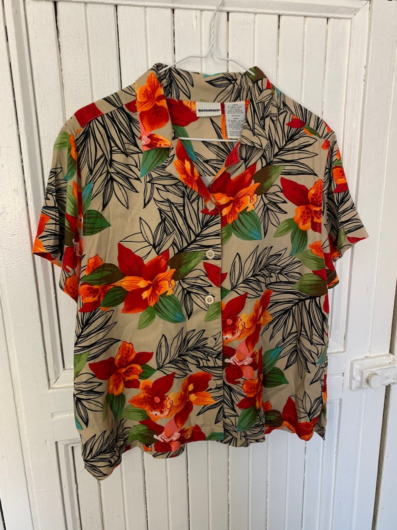 Fantastic Party Shirt by White Stag womens large tan orange yellow flower collared short sleeve button up oxford top tunic floral all over
