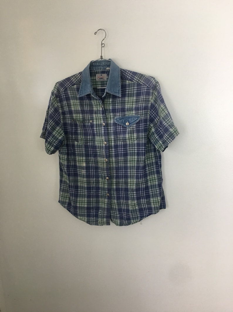 Relay Denim and Plaid oxford shirt mens womens unisex large indigo blue color block large button up top blue green grunge collared shirt