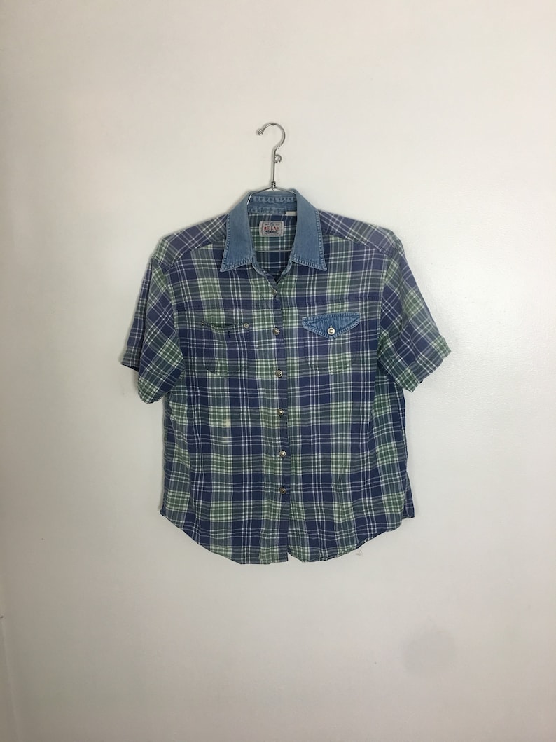 Relay Denim and Plaid oxford shirt mens womens unisex large indigo blue color block large button up top blue green grunge collared shirt