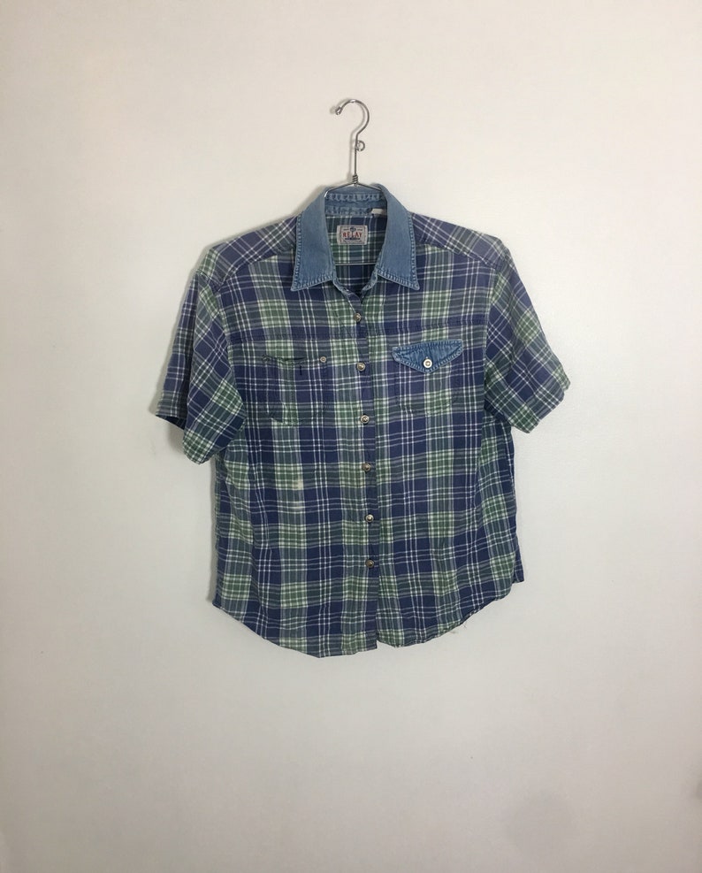 Relay Denim and Plaid oxford shirt mens womens unisex large indigo blue color block large button up top blue green grunge collared shirt