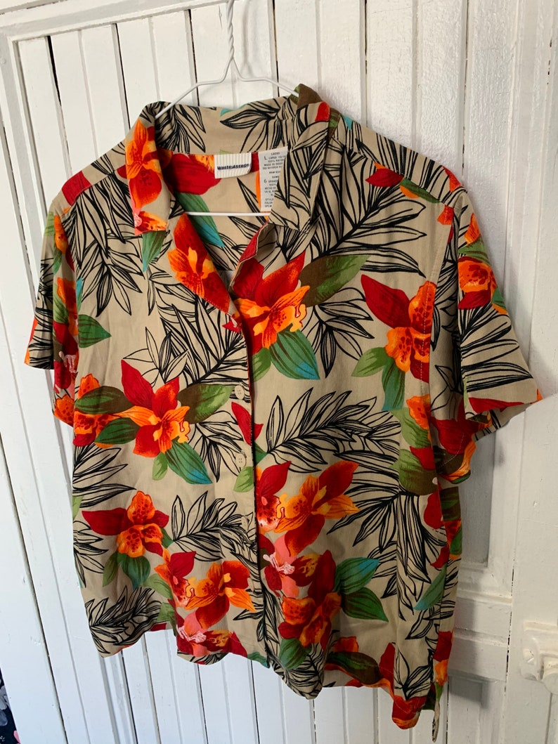 Fantastic Party Shirt by White Stag womens large tan orange yellow flower collared short sleeve button up oxford top tunic floral all over