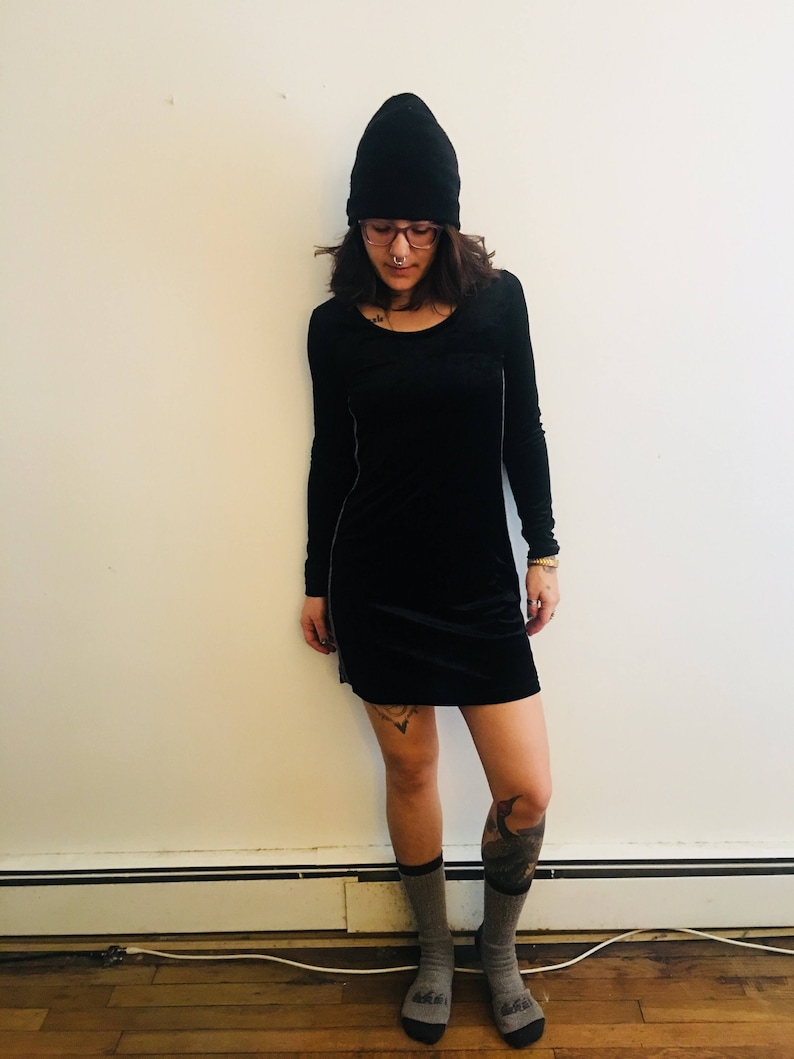 Velvet Track Stripe Mini Dress long sleeve black grey large medium small stretch sporty atheletic dark fuzzy velour velveteen 1990s