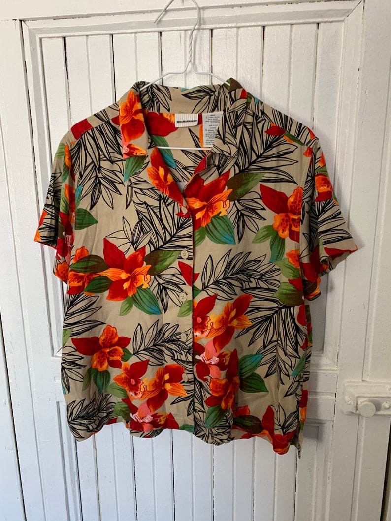 Fantastic Party Shirt by White Stag womens large tan orange yellow flower collared short sleeve button up oxford top tunic floral all over