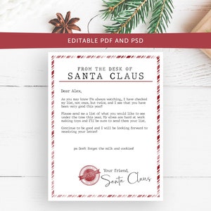 May include: A printable letter template from Santa Claus featuring a red and white candy cane striped border. The text reads From the Desk of Santa Claus, Dear Alex, and includes a red circular stamp with the text Santa Claus North Pole.