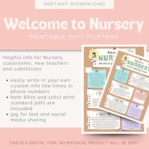 May include: Printable welcome to nursery classroom posters with a corkboard background. The posters include information about the classroom routine, such as snack time, singing time, and lesson time. The text on the posters is in a fun, colorful font.