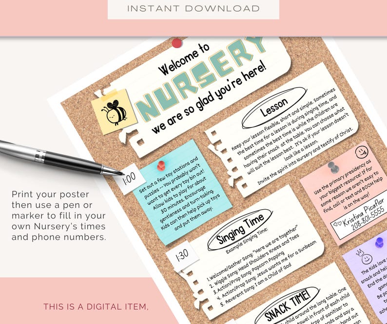 Nursery Schedule and Info Poster | Nursery Sub Instructions | Primary ...