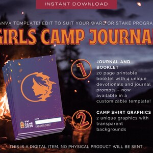 Könnte beinhalten: Digitaler Download-Grafik für ein Girls Camp Journal. Das Journal hat einen lila Einband mit einer orangefarbenen Silhouette und dem Text "YW CAMP 2025 LOOK UNTO CHRIST". Das Bild enthält auch Text über ein Journal und ein Booklet mit Eingabeaufforderungen und Camp-Shirt-Grafiken.