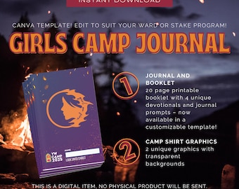 EDITÁVEL! Gráficos para camiseta e diário temáticos do acampamento das Moças | Girl on Fire | Modelo do Canva